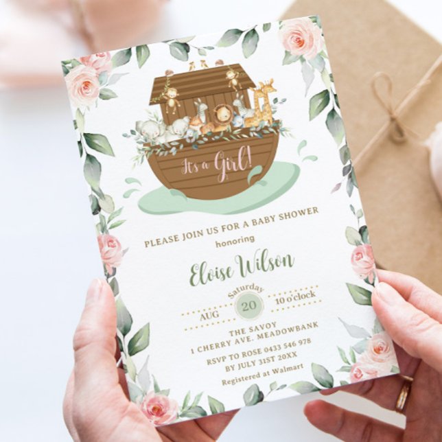 Sweet Noah's Ark Pink Floral Girl Baby Dusche Einladung (zazzle-blush-pink-floral-flowers-greenery-noah's-ark-girl-baby-shower-invitation-card)