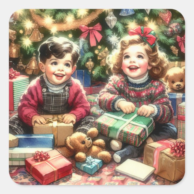 Sweet Nostalgic Children on Christmas Quadratischer Aufkleber (Vorderseite)