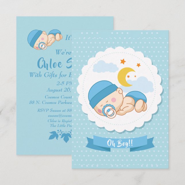 Sweet "Oh Boy" Babydusche Einladung (Vorne/Hinten)