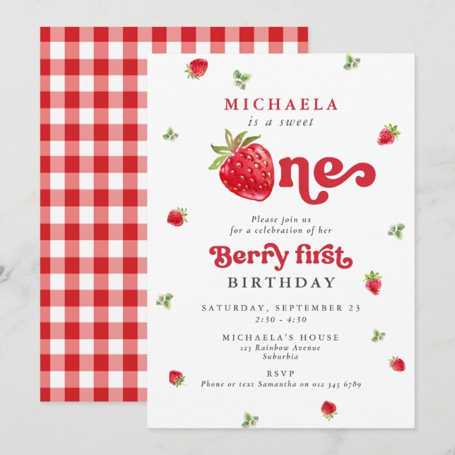 Sweet One Berry First Birthday Strawberry Gingham Einladung (Vorne/Hinten)