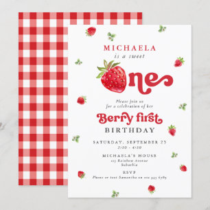 Sweet One Berry First Birthday Strawberry Gingham Einladung