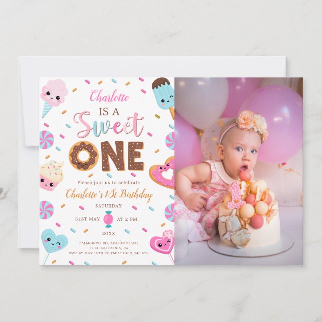 Sweet One Birthday Donut Candy 1St Birthday Foto Einladung (Vorderseite)