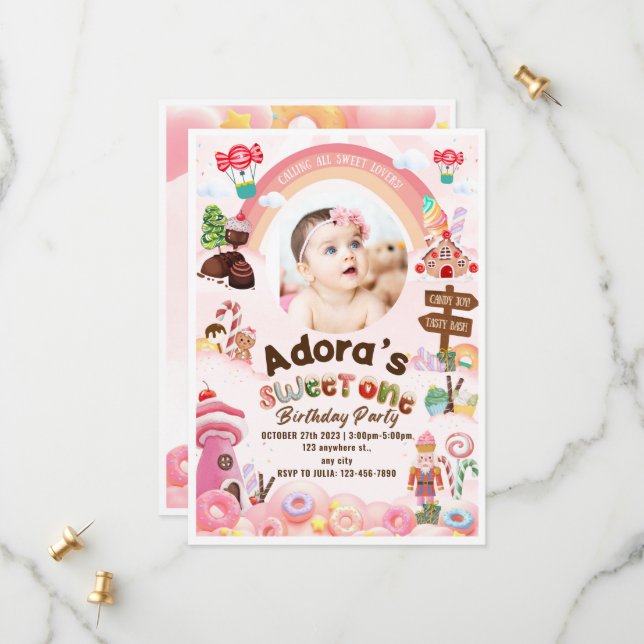 Sweet One Birthday Donuts Geburtstag Einladung (Vorderseite/Rückseite Beispiel)