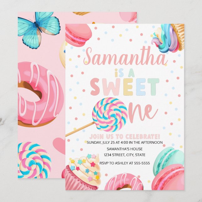 Sweet One Birthday Einladung, Pastel Süßigkeiten I Einladung (Vorne/Hinten)