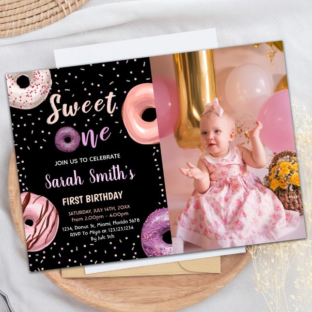Sweet One Black Photo Donut Invitations Anniversai (Sweet One Black Photo Donut Birthday Invitations)