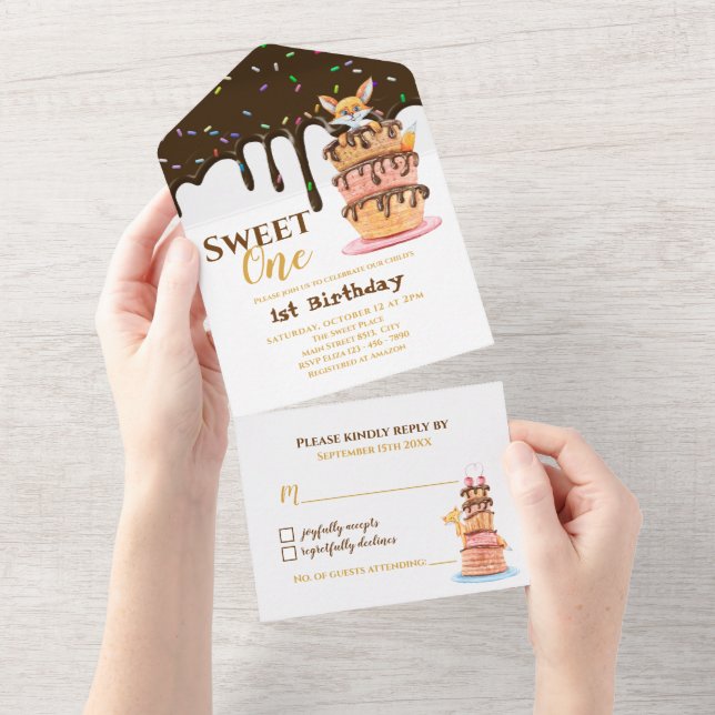 Sweet One Cat and Drilling Chocolate 1s Birthday All In One Einladung (Abreißen)