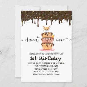 Sweet One Cat and Drilling Chocolate 1s Birthday Einladung