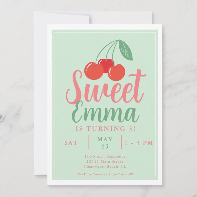 Sweet One Cherry 3e Invitation anniversaire (Devant)