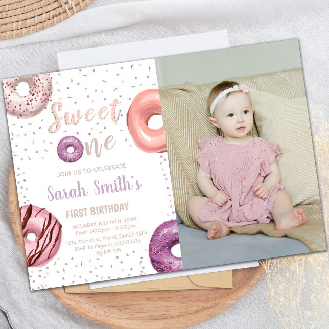 Sweet One Donut Anniversaire Invitations avec phot (Sweet One Donut Birthday Invitations with photo)