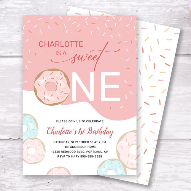 Sweet One Donut Pink Zuckerguss Girl's 1. Geburtst Einladung (Von Creator hochgeladen)
