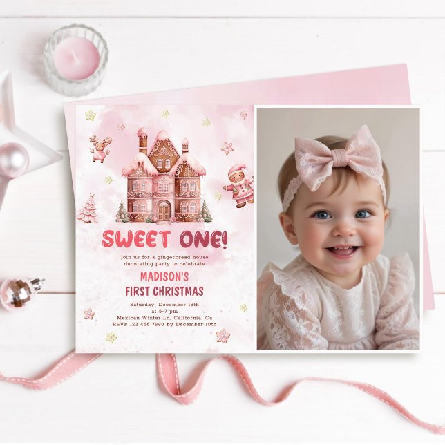 Sweet One First Birthday Pink Gingerbrot Foto Einladung (Von Creator hochgeladen)