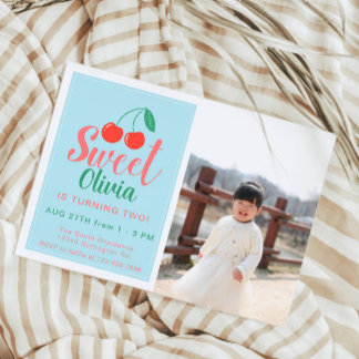 Sweet One Girl Birthday Cherry Summer Foto Einladung
