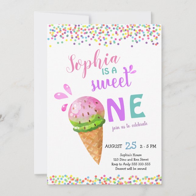 Sweet One Girl Erster Geburtstag Eiskrem Sommer Einladung (Vorderseite)