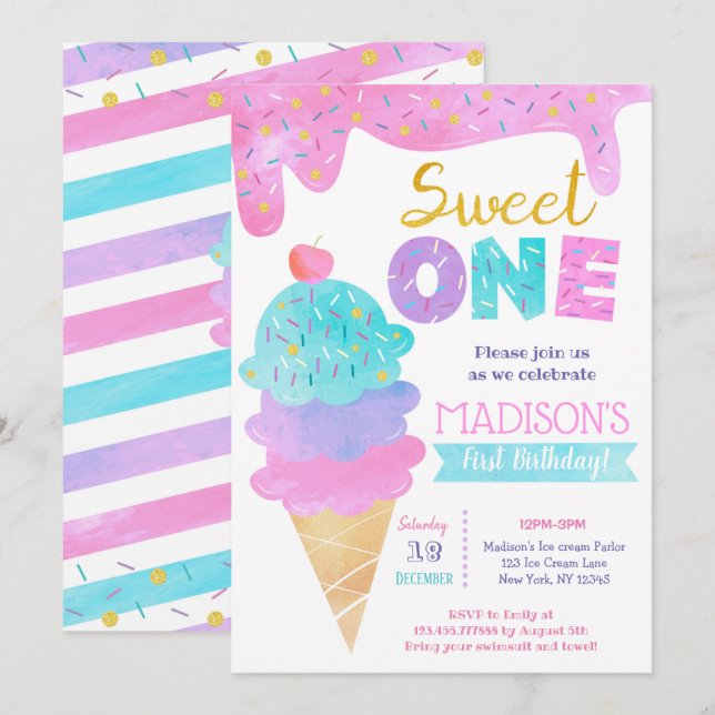 Sweet One Ice Cream First Birthday Invitations (Devant / Derrière)