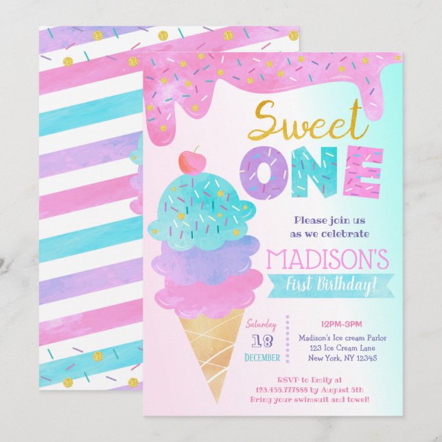 Sweet One Ice Cream First Birthday Invitations (Devant / Derrière)