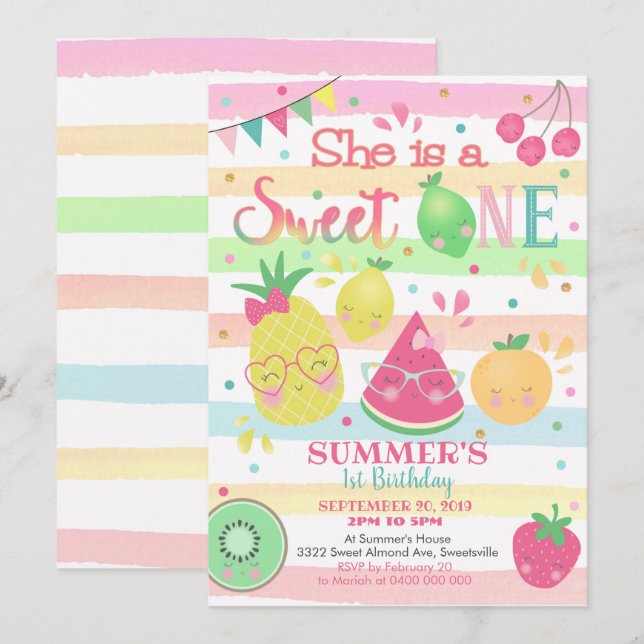 Sweet One Invitation - Fruchteinladung Einladung (Vorne/Hinten)