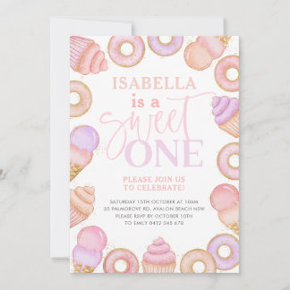 Sweet One Pastel Cupcake Donut Girls 1. Geburtstag Einladung