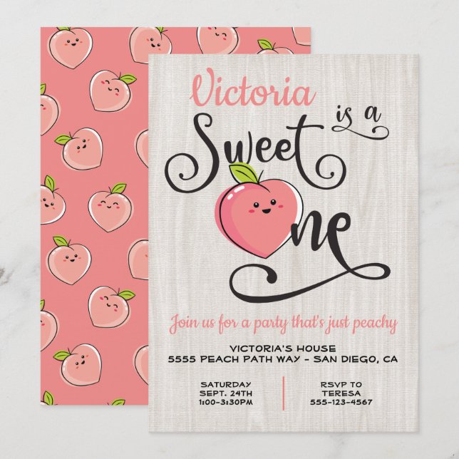 Sweet one Peach Birthday Party Einladung (Vorne/Hinten)