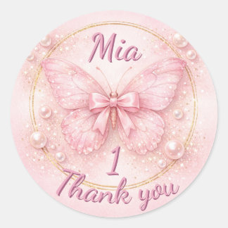 Sweet One Pink Butterfly 1st Birthday Thank You  Runder Aufkleber