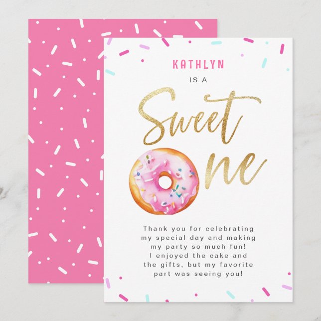 Sweet One Pink Gold Donut Sprinkles Erster Geburts Dankeskarte (Vorne/Hinten)