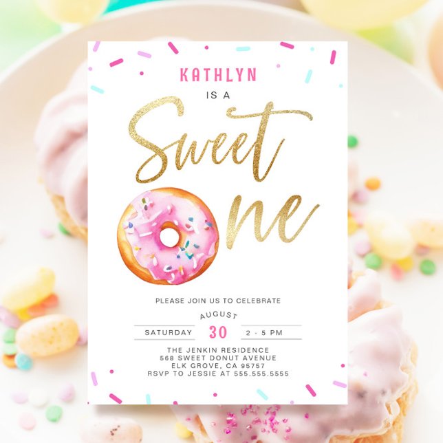 Sweet One Pink Gold Donut Sprinkles Erster Geburts Einladung (Von Creator hochgeladen)