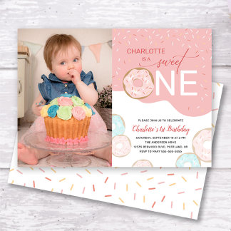 Sweet One Pink Zuckerguss Foto Girl's 1. Geburtsta Einladung