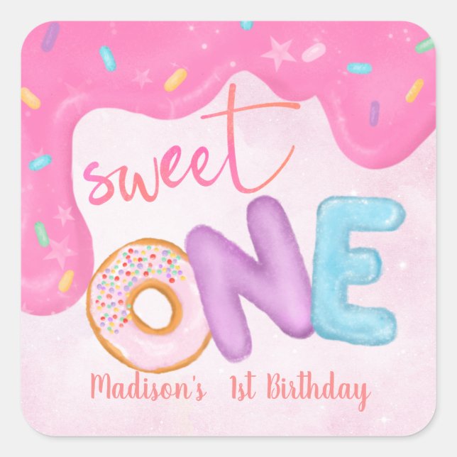 Sweet One Pink Zuckerguss Girl's First Birthday Quadratischer Aufkleber (Vorderseite)