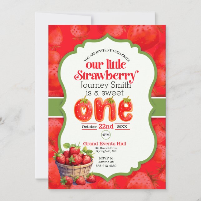 Sweet One Strawberry Einladung zum ersten Geburtst (Vorderseite)