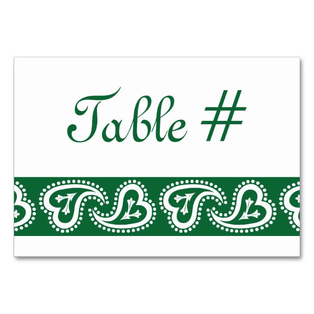 Sweet Paisley Hearts in Green Table Card Tischnummer (Vorderseite)