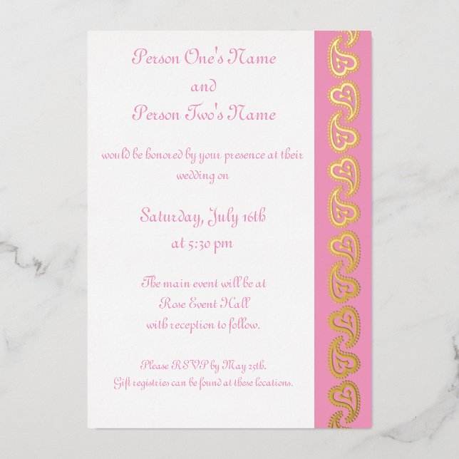 Sweet Paisley Hearts in Petal rose Foil Invitation (Recto)