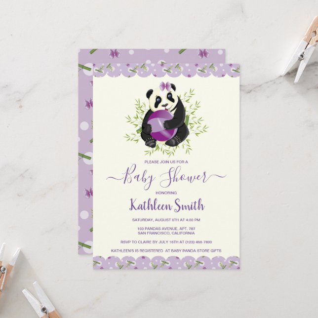 Sweet Panda Bear Baby Duschvorrichtung Lilac Einladung (Vorderseite/Rückseite Beispiel)