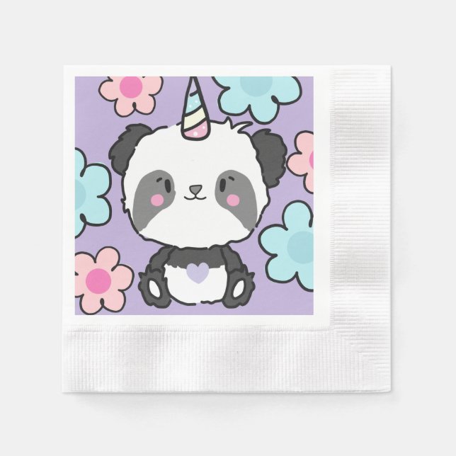 Sweet Panda Unicorn Girls Rainbow Birthday Serviette (Vorderseite)