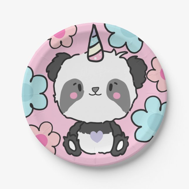 Sweet Panda Unicorn Girly Floral Pappteller (Vorderseite)
