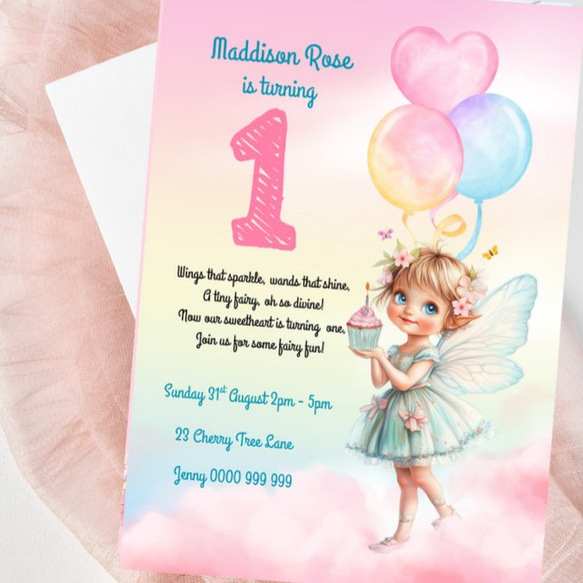 Sweet Pastel Fairy 1. Geburtstag Einladung (Fairy First Birthday Girl Invitation)