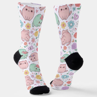 Sweet Pastel Kawaii Cat and Spring Floral Pattern  Socken