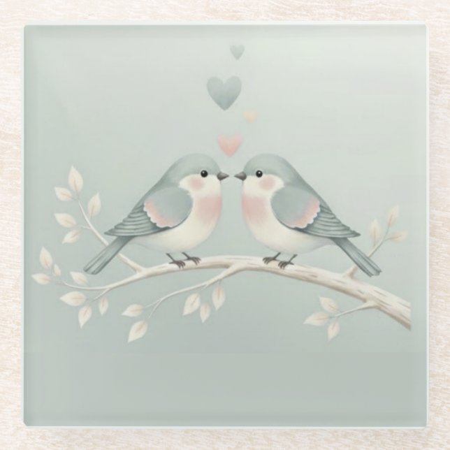 Sweet Pastel Love Birds: Whimsical Valentine’s Day Glasuntersetzer (Vorderseite)