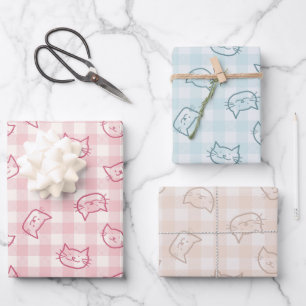 Sweet Pastel Playful Hand Drawn Cat Face Gingham Geschenkpapier Set