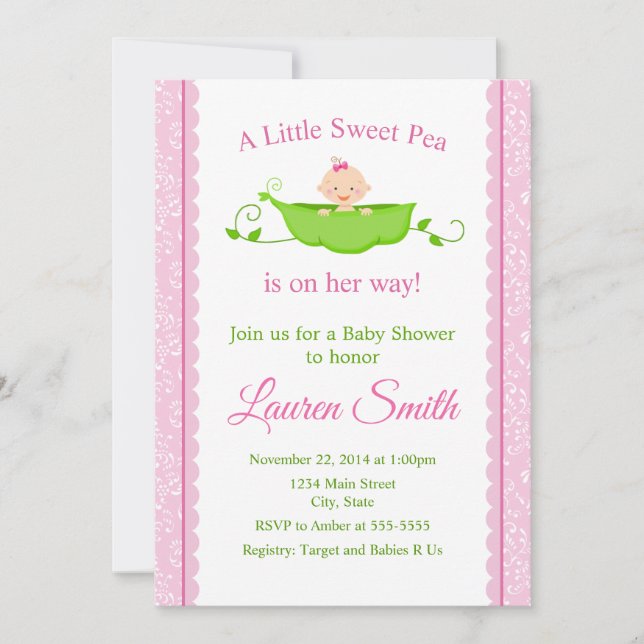 Sweet Pea Baby Dusche Einladung Pink Girl Baby (Vorderseite)