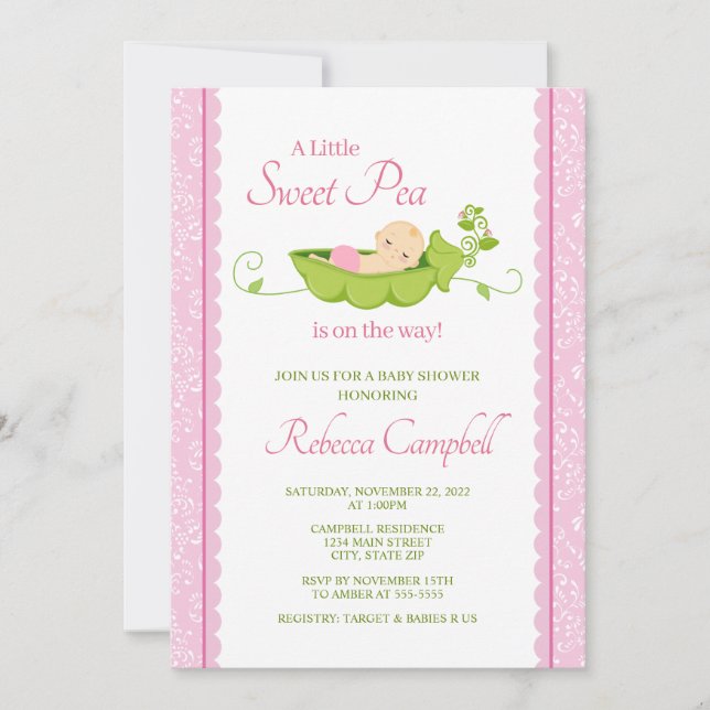 Sweet Pea Baby Shower Einladung, Girl Pink Einladung (Vorderseite)