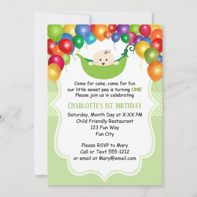Sweet Pea Einladung zum ersten Geburtstag (Vorderseite)