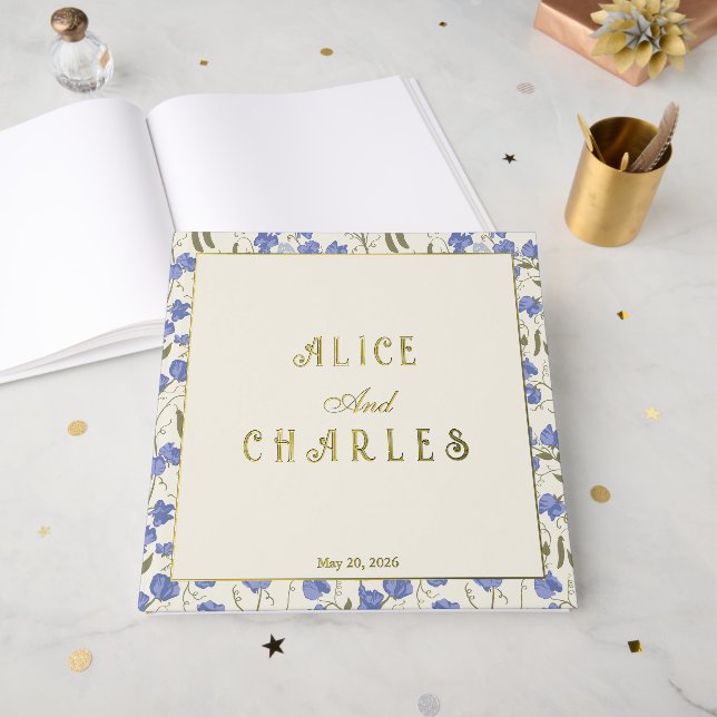 Sweet Pea Floral Blue und Cream Gästebuch (Vorderseite Offen)