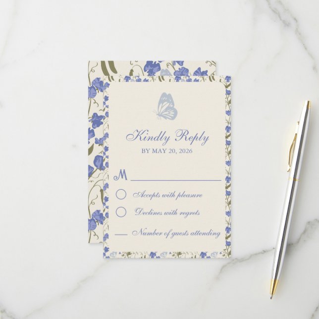 Sweet Pea Floral Blue und Cream RSVP Karte (Vorderseite/Rückseite Beispiel)