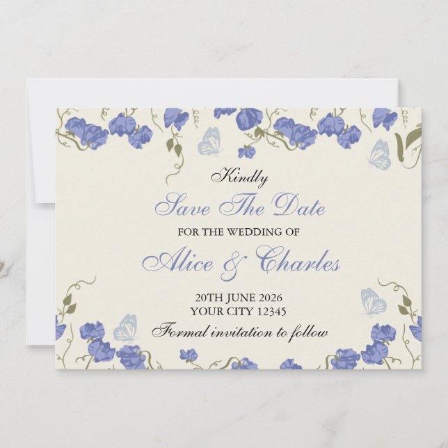 Sweet Pea Floral Blue und Cream Save the Date Einladung (Vorderseite)