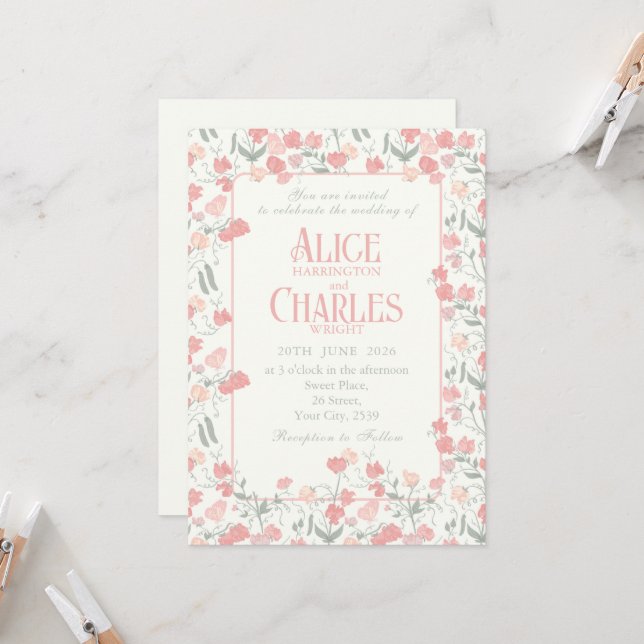 Sweet Pea Floral Pink und Cream Weditation Einladung (Vorderseite/Rückseite Beispiel)