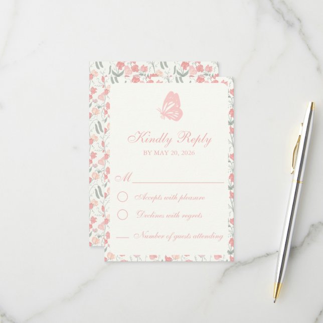 Sweet Pea Floral Pink und Creme RSVP Karte (Vorderseite/Rückseite Beispiel)