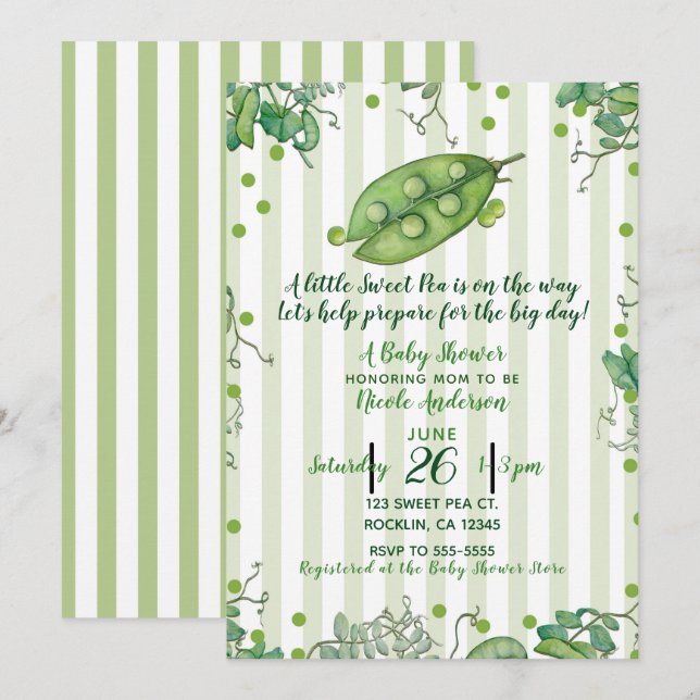 Sweet Pea Green Whimsical Polka Dot Baby Dusche Einladung (Vorne/Hinten)