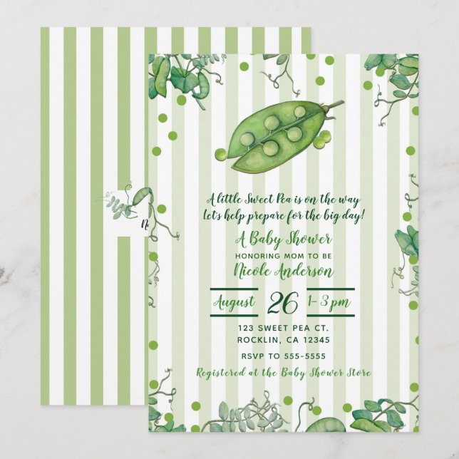 Sweet Pea Pod Green Stripe Baby Dusche Einladung (Vorne/Hinten)