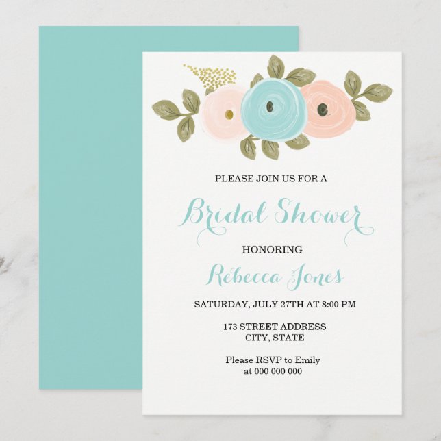 Sweet Peach Aquamarin Blume Brautparty laden Einladung (Vorne/Hinten)
