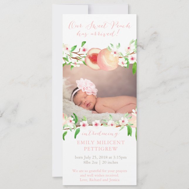 Sweet Peach Birth Ankündigung für Baby Girl (Vorderseite)