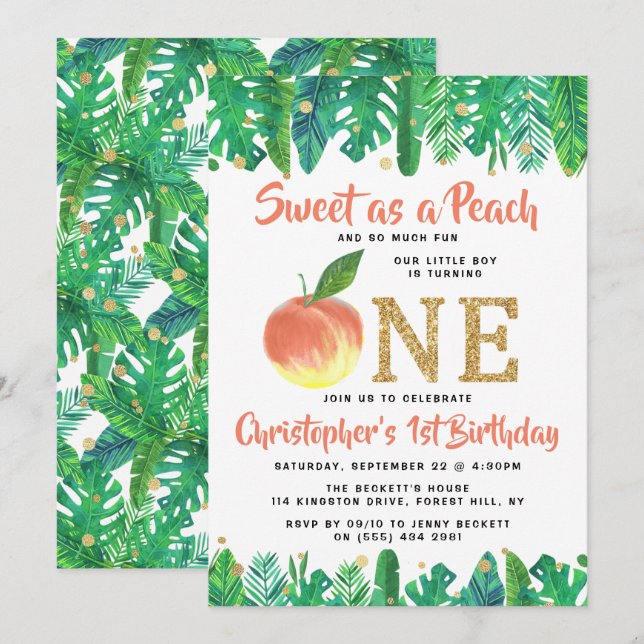 Sweet Peach Boys 1. Geburtstag Einladung (Vorne/Hinten)